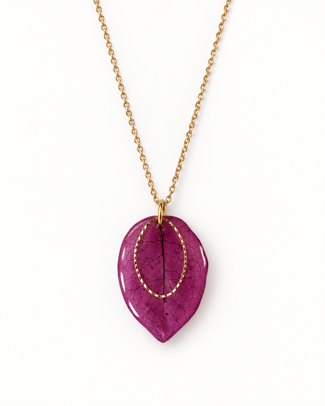 Collier bougainvillier — pendentif fleur naturelle sur chaîne dorée