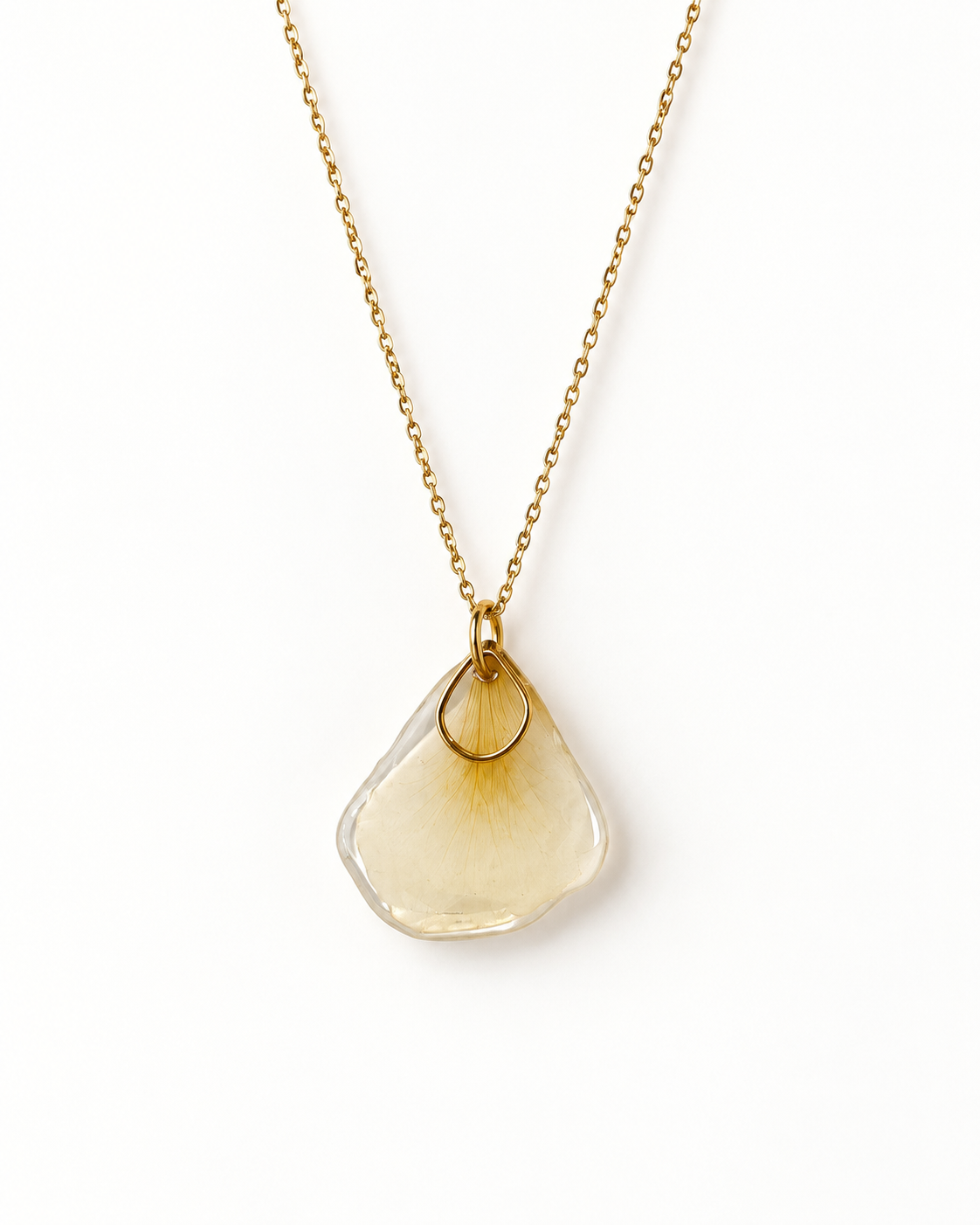 Collier Rose blanche — pendentif fleur naturelle et anneau doré sur chaîne dorée