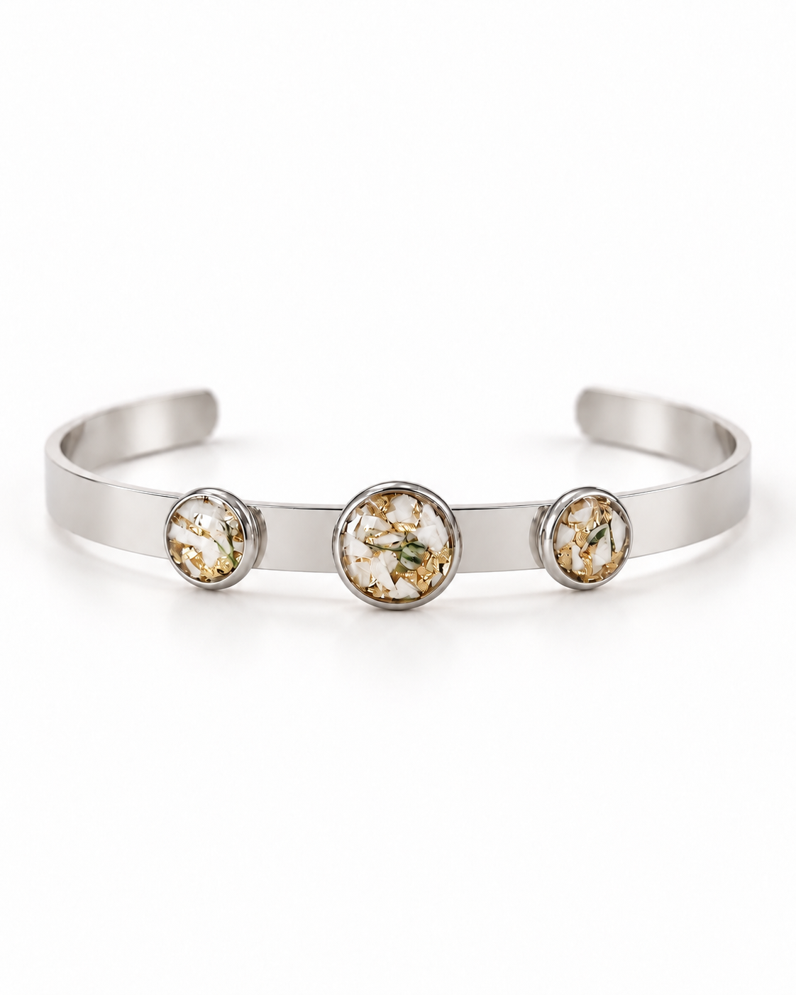 Jonc Rose blanche vue de face — Argenté, Avec feuilles d'or