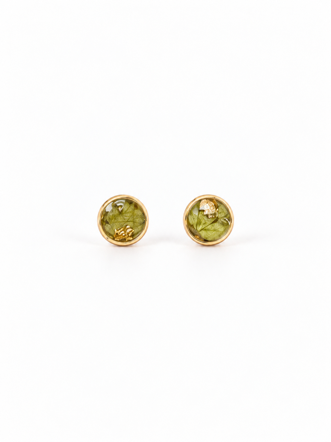 Puce doré - Herbe — paire de boucles d'oreilles cabochon fleur naturelle — Doré, Avec feuilles d'or