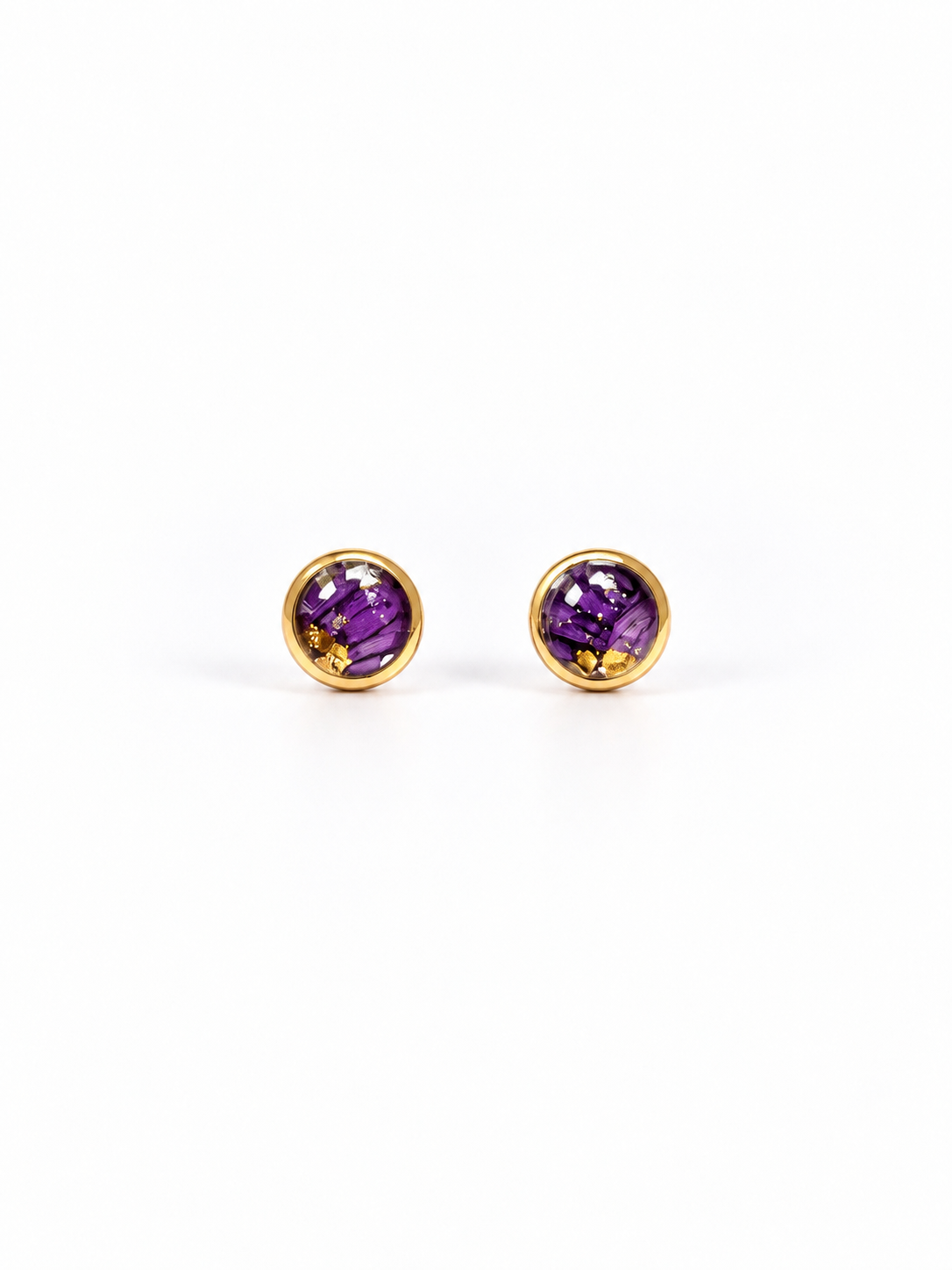 Puce doré - Rozanne — paire de boucles d'oreilles cabochon fleur naturelle — Doré, Avec feuilles d'or